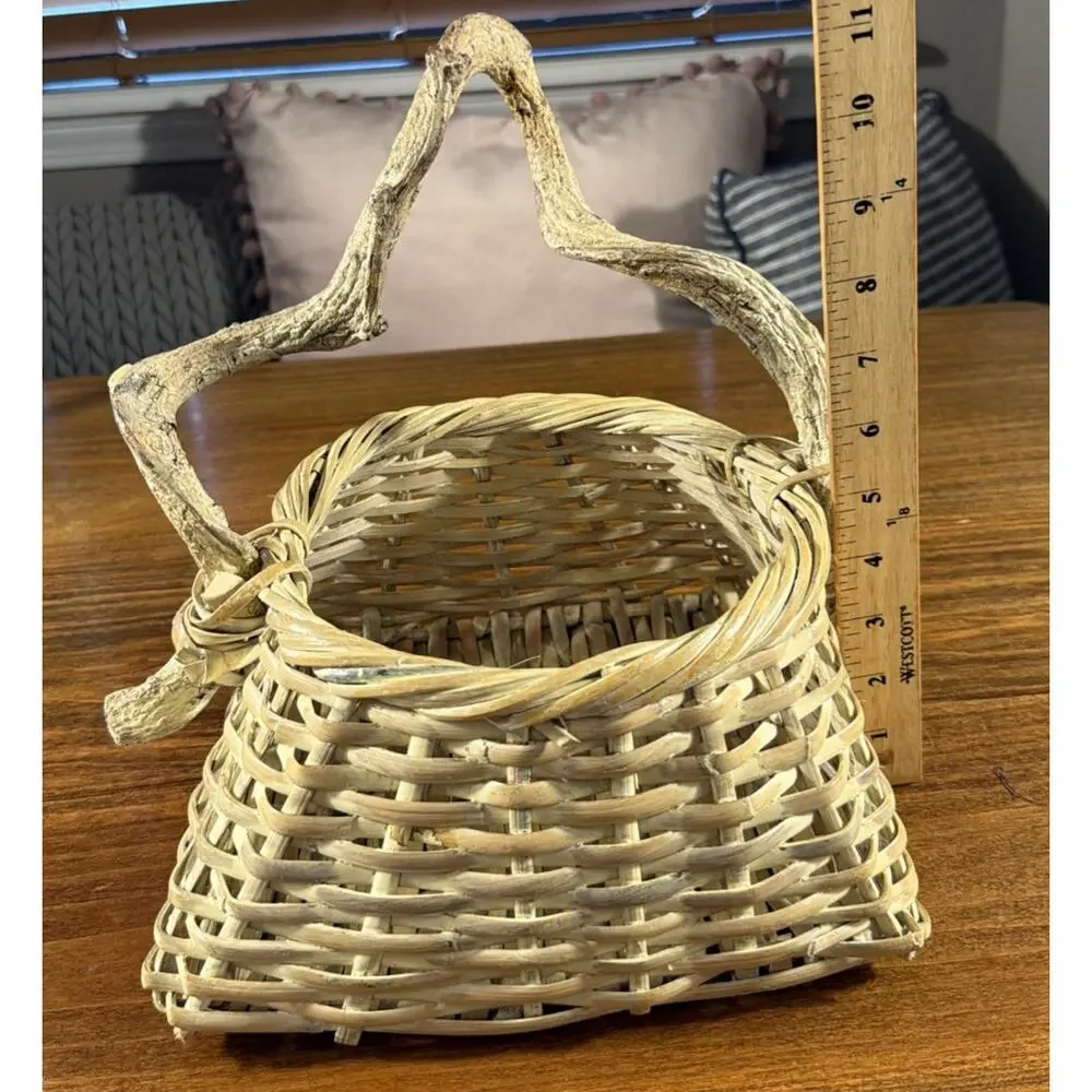 Vintage Basket With Natural Woven Vine Handle Unique Primitive Decor Signed